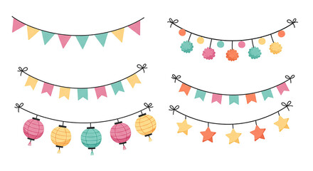 Hanging party decorations with flags, pompoms, lanterns, and stars celebrating a festive occasion
