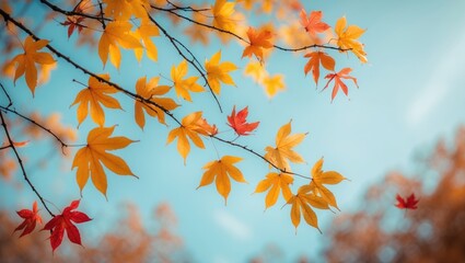 Vivid red and orange autumn leaves on branches against a sky background. Very shallow focus. Colorful forest leaves. Excellent backdrop for autumn.