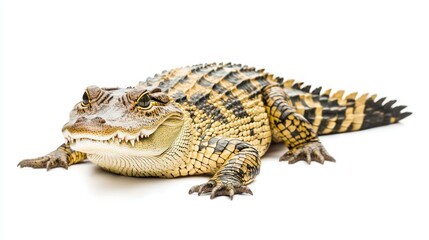 Fototapeta premium Captivating portrait of a spectacled caiman basking in isolated splendor