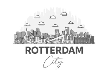 Obraz premium Rotterdam, Netherlands architecture line skyline illustration with shadows. Linear vector cityscape with famous landmarks, city sights, design icons.