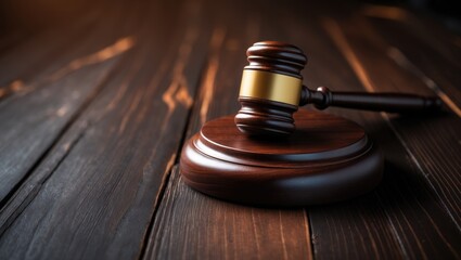 Courtroom Symbol: Gavel and Wooden Table Background with Text Area