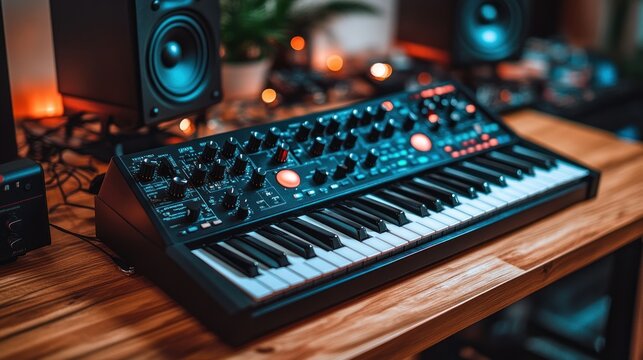 Analog synthesizer keyboard on a wooden table
