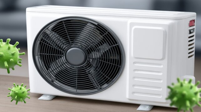Close-up view of air conditioner with floating cartoon-style coronavirus particles against gray gradient background