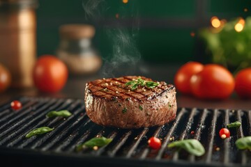 Grilled steak garnished with herbs and spices on a barbecue grill surrounded by fresh tomatoes and seasonings