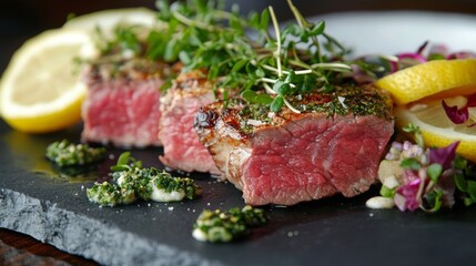 Fototapeta premium An elegant layout of fresh seafood and meat on a slate board, with garnishes of lemon and herbs, emphasizing a fresh, gourmet culinary experience.