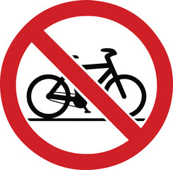 No Bicycling Sign black silhouette with bike and red slash, embodying safety and traffic control in a minimalist vector design