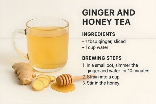 A recipe for ginger and honey tea, including ingredients and brewing steps. Concept **Ginger and Honey Tea Recipe**..**Ingredients,**.- 1 tablespoon fresh ginger