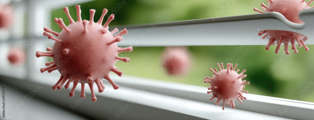Aufkleber red virus structures floating in modern scientific environment with blurred white building backgroun