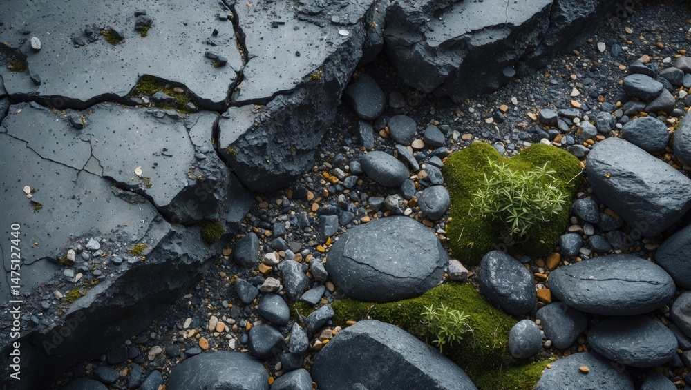 Poster zoomed-in image of a deteriorated concrete surface with cracks, crevices, and embedded pebbles, illu