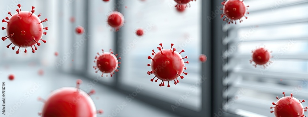 Poster red virus structures floating in modern scientific environment with blurred white building backgroun