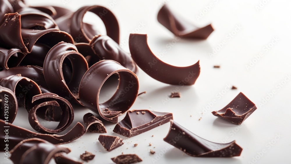 Poster close-up of chocolate chips, shards, and curls on background with clipping path