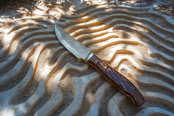 Ornate knife with wooden handle on patterned sand surface