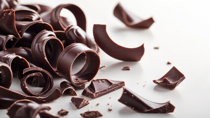 Close-up of chocolate chips, shards, and curls on background with clipping path