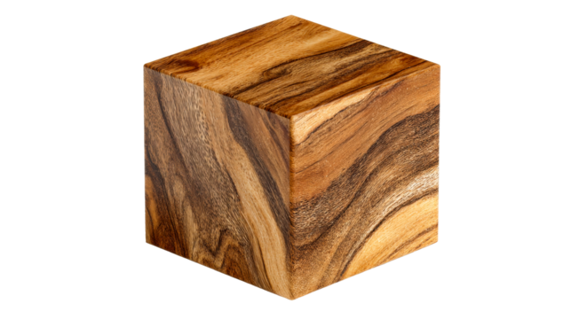 Wooden cube with unique grain design on transparent background