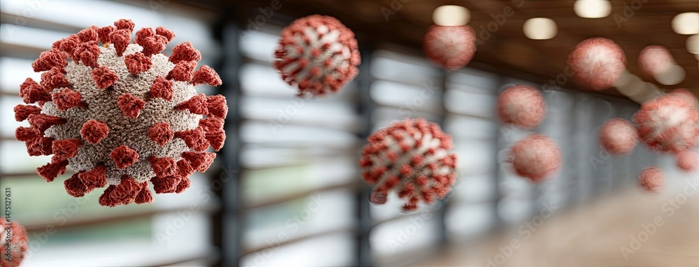 Aufkleber red virus structures floating in modern scientific environment with blurred white building backgroun
