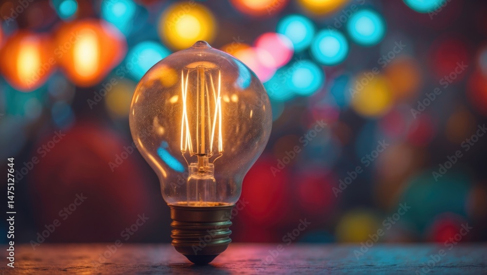 Poster bright idea represented by a tungsten filament lamp with a vivid, illuminated backdrop
