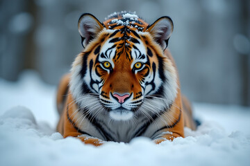 Obraz premium Tiger cat, with yellow eyes, covered in snow