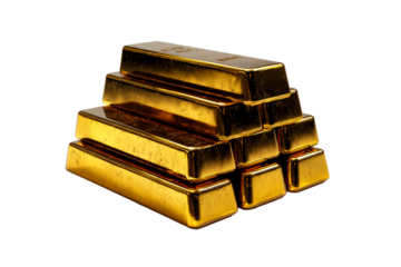 Gold bars stacked on a transparent background displaying their shine