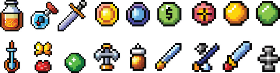 Pixel Art RPG Icons Set. Retro 8-Bit Game Items, Swords, Potions, Coins, Powerups