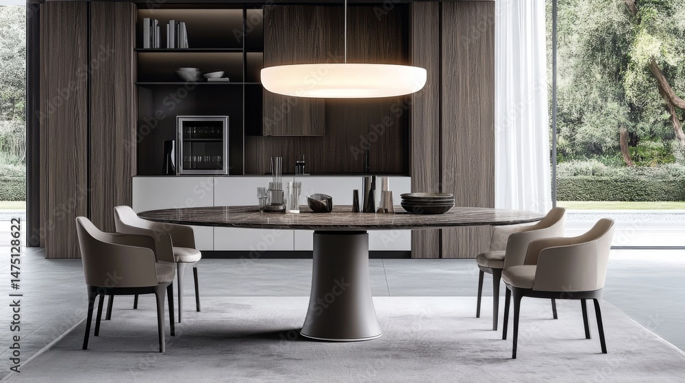 Poster An open-concept dining area with a minimalist dining table and chairs, paired with a modern pendant light and a subtle color palette for a sophisticated look.