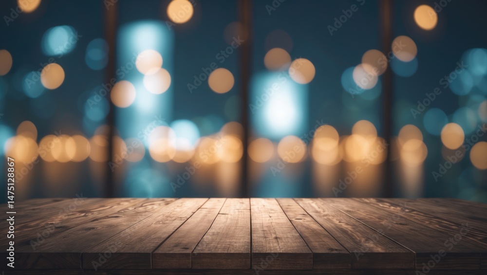 Poster Dark background with an empty wooden table and soft bokeh window light, suitable for product placement
