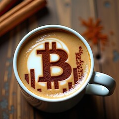 Taza de porcelana blanca con café recién hecho decorado con espuma de leche y diseño de logo Bitcoin, en canela o chocolate, idea conceptual, brindar energía, noticias  recién coladas mercados 
