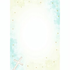 Papel pintado en tonos azules, verdosos con estrellitas doradas creando un marco y una cruz pintada en la esquina inferior izquierda, especial primeras comuniones , acto religioso, marca libros, misal