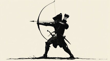 Silhouette of an English longbowman preparing to shoot during a historical archery event
