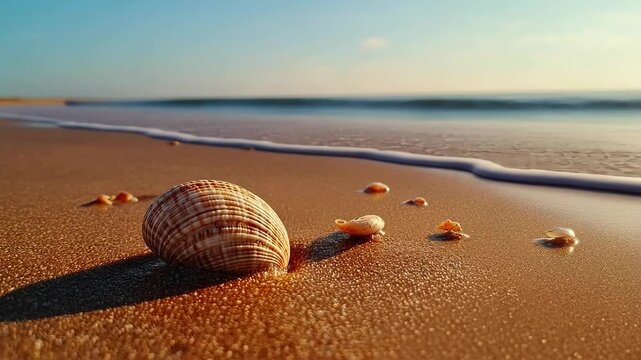 a smooth sandy beach with a delicate seashell on sunrise. The calm waves and soft lighting create a peaceful atmosphere, inviting viewers to relax and unwind