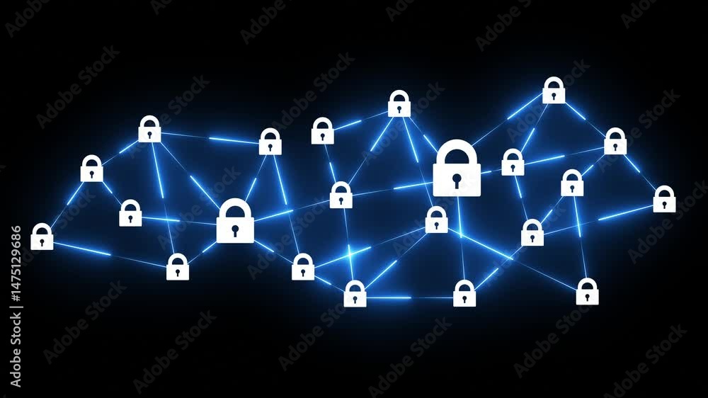 Poster businessman is working on laptop that showing about network of padlock. cyber and network security c