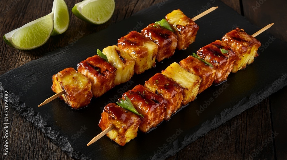 Poster an overhead shot of skewers of shrimp and pineapple, glazed with barbecue sauce, placed on a dark sl