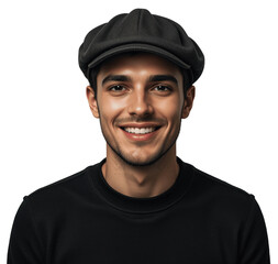 Smiling Man with a Cheerful Expression, Short Dark Hair, in a Black Cap, Isolated on Transparent Background
