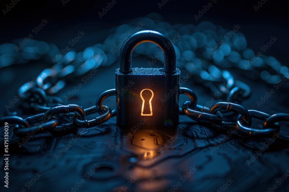 Poster a glowing padlock with chains symbolizes cybersecurity and data protection on a dark circuit board b