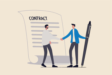 Signing contract, business deal or partnership, banking loan, investment contract or job offer agreement concept, success businessman handshake with client holding pen ready to sign agreement contract