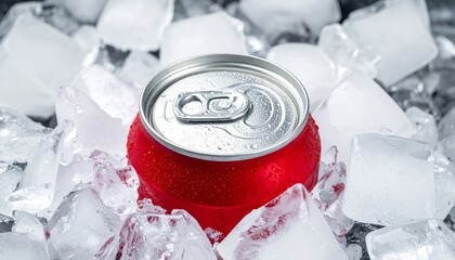 Refreshing drink in can on ice cubes