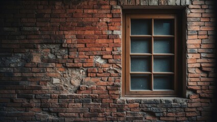 A shot capturing a window with a wooden frame against an old, damaged wall with rustic texture