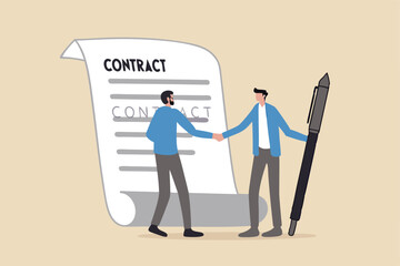 Signing contract, business deal or partnership, banking loan, investment contract or job offer agreement concept, success businessman handshake with client holding pen ready to sign agreement contract