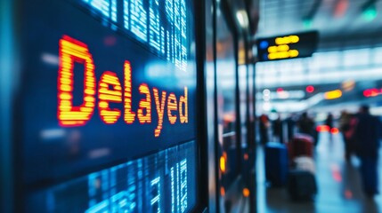 Travel disruption event flight delays at the airport digital display board crowded terminal stressful environment close-up perspective