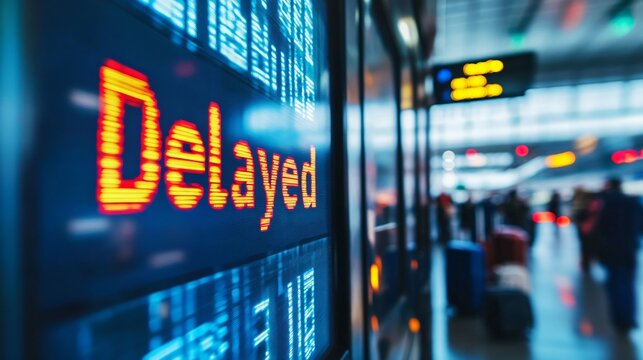 Travel disruption event flight delays at the airport digital display board crowded terminal stressful environment close-up perspective