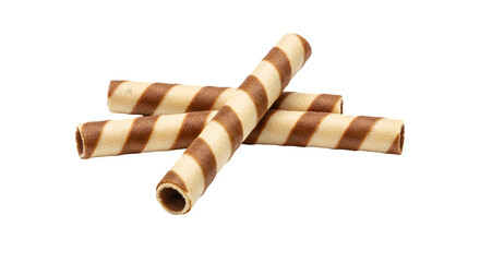 Wafer Rolls Isolated on White Background, Sweet Chocolate Wafer Rolls  on white background, Striped Chocolate Wafer Sticks on white background