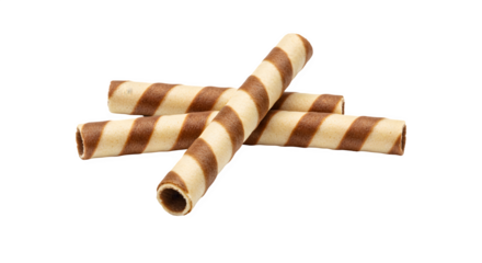 Wafer Rolls Isolated on White Background, Sweet Chocolate Wafer Rolls  on white background, Striped Chocolate Wafer Sticks on white background