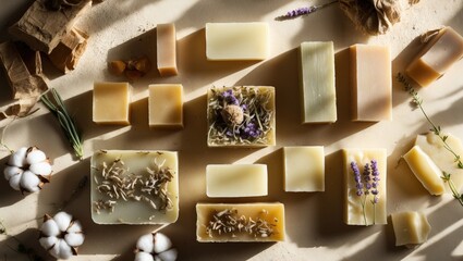 Eco-friendly handmade soap bars with lavender, patchouli, and herbs, top view
