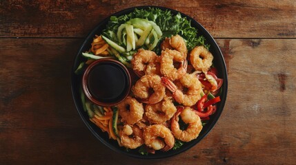 A beautifully arranged platter of golden tempura shrimp and vegetables, served with a small bowl of soy sauce, with a rustic wooden background for a warm feel.