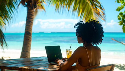 A female digital nomad working remotely with a laptop on a wooden table at a tropical beach, enjoying a refreshing drink under palm trees with an ocean view. Freelance lifestyle, remote work, and summ