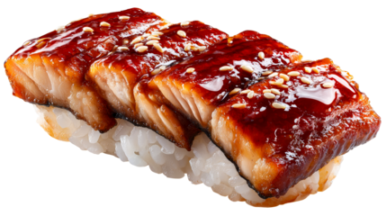 Delicious eel sushi with savory glaze and sesame seeds