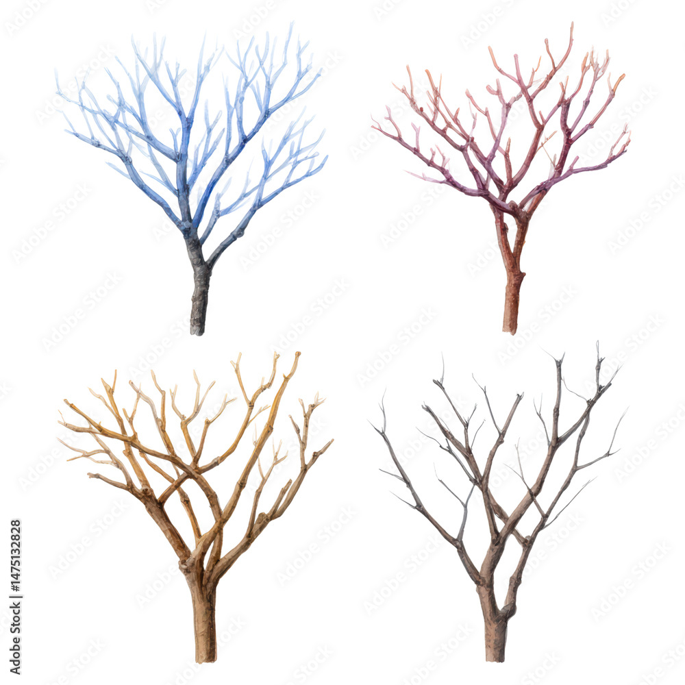 Poster collection of colorful abstract tree branch designs for creative projects, isolated on transparent b