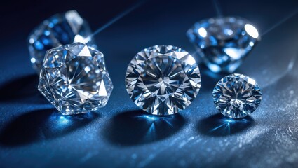 Zoomed-in image of multiple diamonds with different cuts and sizes at an expert's station against a blue background