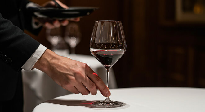 Waiter placing glass of red wine on restaurant table