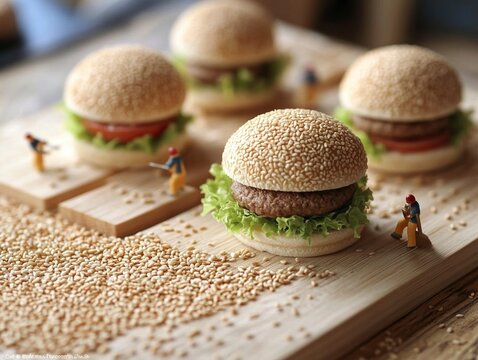 Miniature workers building giant hamburgers – food concept art. Generative Ai Image.