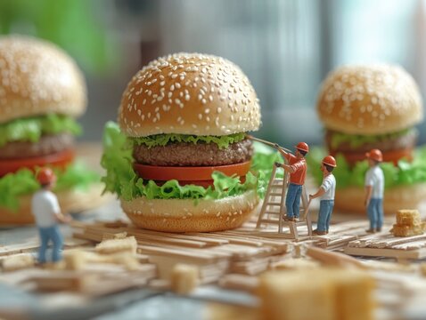 Miniature workers building giant hamburgers – food concept art. Generative Ai Image.